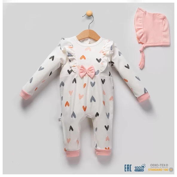 Kalp Desenli % 100 Pamuk Kız Bebek Tulumu ürün görseli