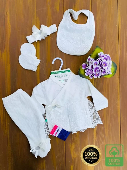 Dantel Desenli 0-3 Ay Hastane Çıkışı Seti %100 Pamuk - Resim 5