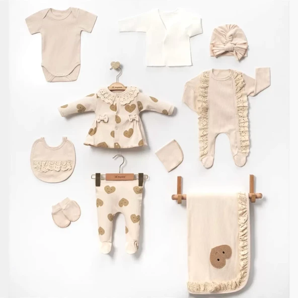 Kalp Baskılı Fisto Yaka Kutulu 10 Parça Hastane Çıkışı Zıbın Seti %100 Pamuk - Resim 2