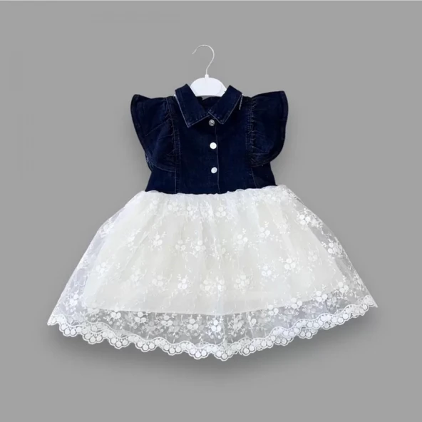 Astarlı Brode Etekli Kot Kumaş Düğmeli Kız Çocuk Elbisesi Lacivert - 2