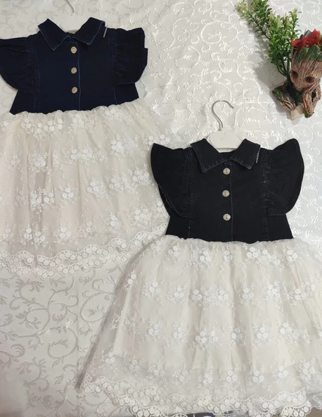 Astarlı Brode Etekli Kot Kumaş Düğmeli Kız Çocuk Elbisesi Lacivert - 8