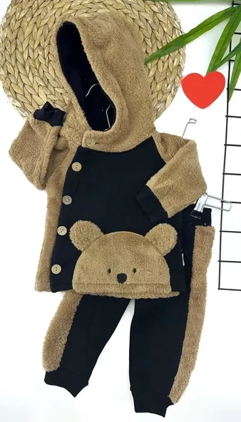 6-12-18-24 Ay Düğme Kapamalı Kapşonlu Ceket Welsoft Detaylı 2li Erkek Bebek Takımı - Resim 3