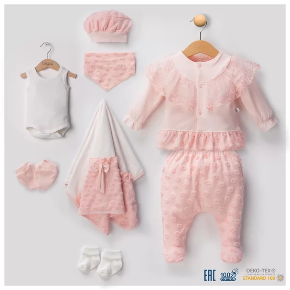 Dantel İşlemeli Kabartmalı 10 Parça Kız Bebek Hastane Çıkışı Kutulu %100 Pamuk - Resim 2