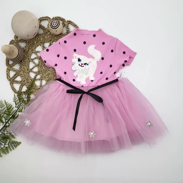 Petli Kedicik Baskılı Puantiyeli Kız Bebek Elbisesi Pembe - 2