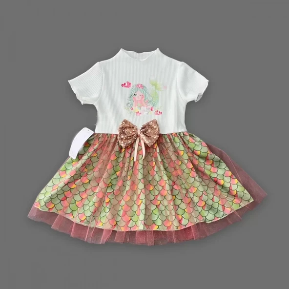 Denizkızı Baskılı Pul Desen Etekli Kız Bebek Elbisesi Ekru - 4