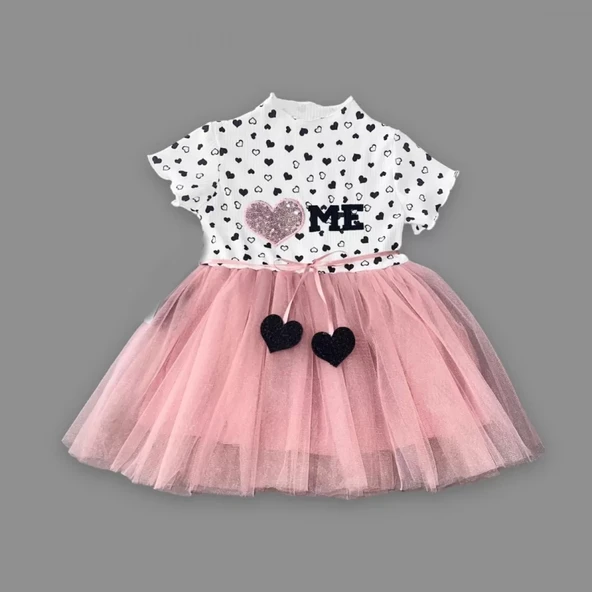 Petli Kalp Me Baskılı Kız Bebek Elbisesi Gül Kurusu - 4