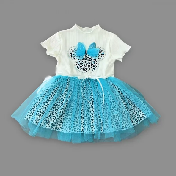 Fiyonklu Mickey Astarlı Etekli Kız Bebek Tütü Elbisesi Turkuaz-ekru - Resim 4