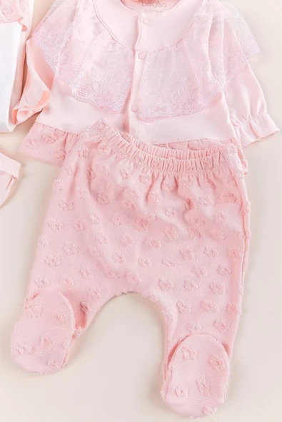 Dantel İşlemeli Kabartmalı 10 Parça Kız Bebek Hastane Çıkışı Kutulu %100 Pamuk - Resim 6