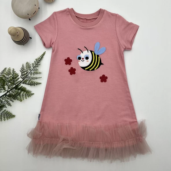 Arayıcık Nakışlı Eteği Fırfırlı Jile Kız Çocuk Elbisesi Gül Kurusu - 2