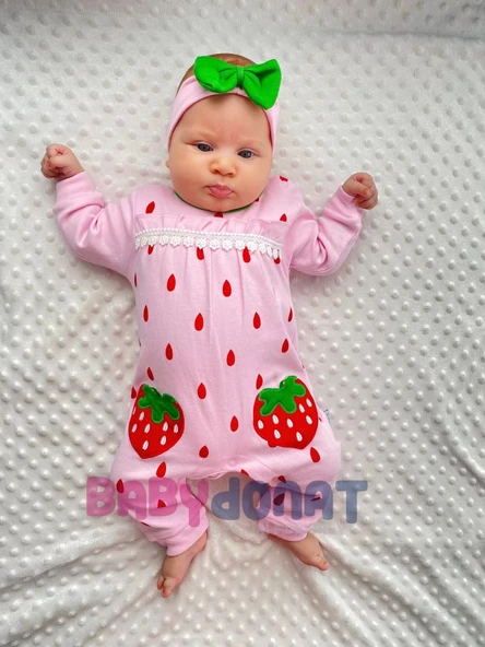 Çilek Nakışlı % 100 Pamuk Kız Bebek Tulumu - Resim 2
