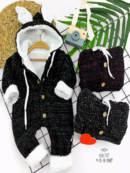 İçi Kuzulu Düğme Kapamalı Kulaklı Kapşonlu Uzun Kollu Kız Erkek Bebek Tulumu Siyah - Resim 3