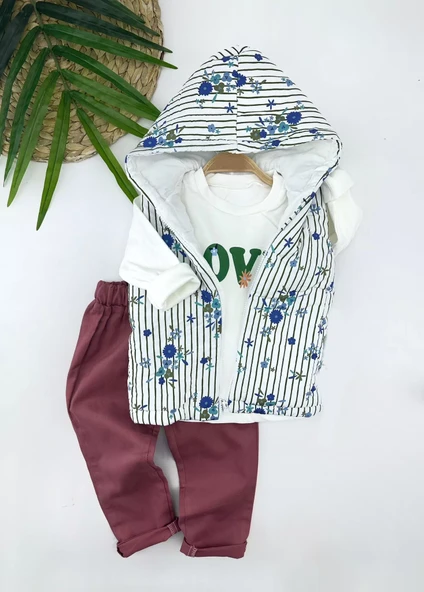 Kapşonlu Fermuarlı Çiçekli Şişme Yelek Sweat Pantolonlu 3lü Kız Erkek Çocuk Takımı - Resim 2