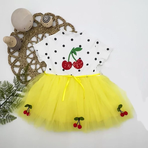 Petli Kiraz Nakışlı Kiraz Etekli Kız Bebek Tütü Elbisesi Sarı ürün görseli