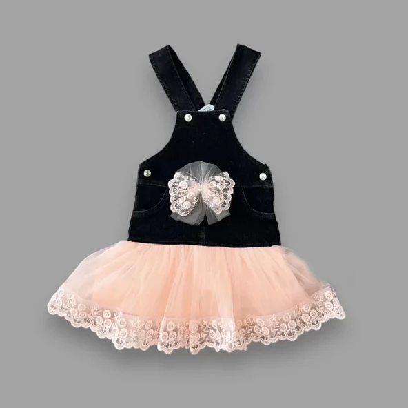 Fiyonklu Düğme Detaylı Tül Etek Kot Kumaş Salopet Kız Çocuk Elbisesi Siyah-pudra - 8