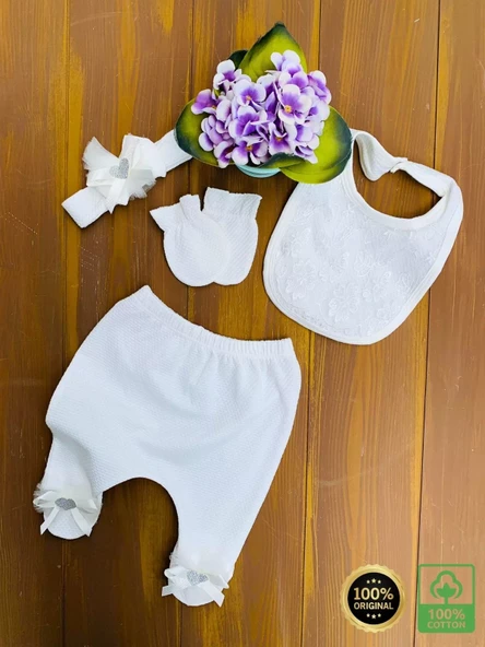 Dantel Desenli 0-3 Ay Hastane Çıkışı Seti %100 Pamuk - Resim 2