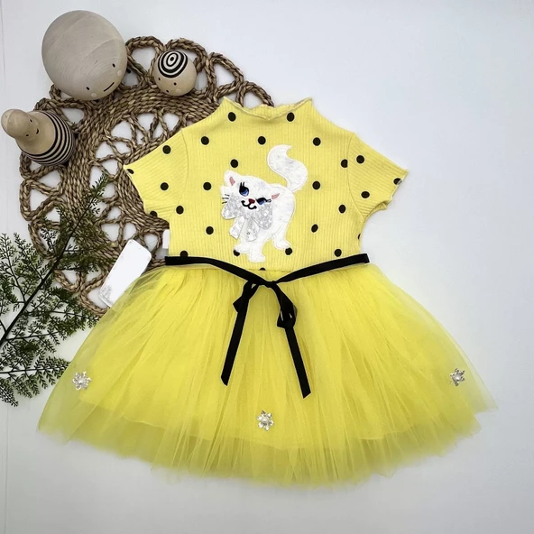 Petli Kedicik Baskılı Puantiyeli Kız Bebek Elbisesi Sarı - 3