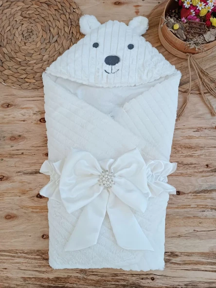 Yenidoğan Beyaz Wool Yün Kumaş Ayıcık Kulaklı Kundak Bebek Battaniyesi Beyaz - 2
