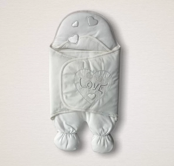 Yenidoğan Lüks Üç Kalp Love Nakışlı Kız Bebek Aklı Kundak Bebek Battaniyesi Ekru ürün görseli 1