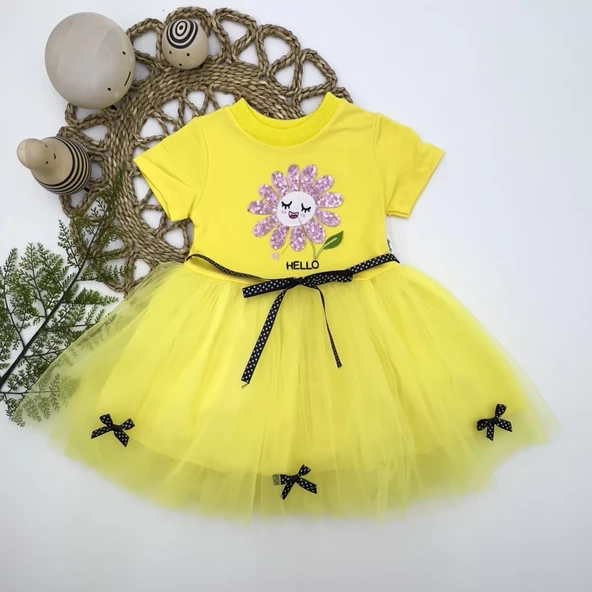 Pet Yapraklı Çiçek Nakışlı Astarlı Kız Bebek Tütü Elbisesi Sarı