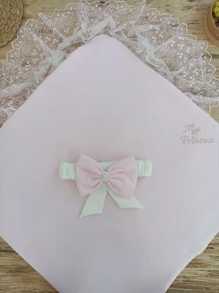 Bal Peteği My Princess Taç Nakış İnci Fiyonklu Dantel Duvaklı Delüks Kundak Bebek Battaniyesi Pembe - 6