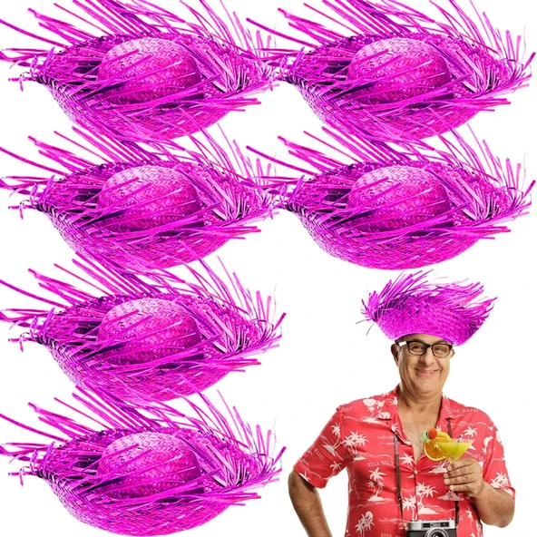 Tropikal Parti Pembe Fuşya Hasır Hawaii Şapkası 13x36 Cm - 2