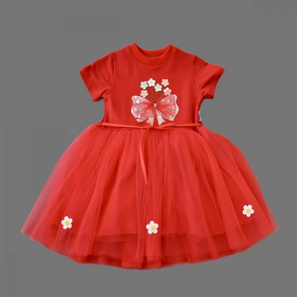 Tül Fiyonk Çiçekler Nakışlı Astarlı Kız Bebek Tütü Elbisesi Kırmızı - Resim 4