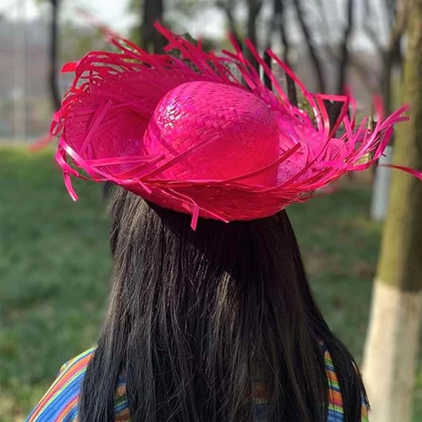Tropikal Parti Pembe Fuşya Hasır Hawaii Şapkası 13x36 Cm - 5