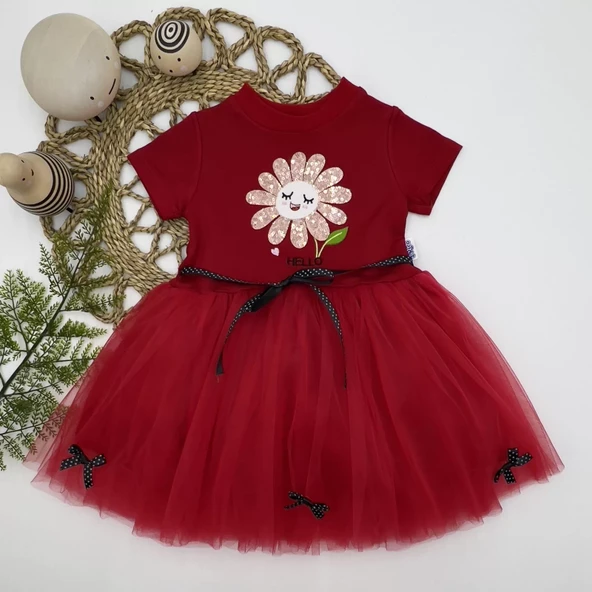 Pet Yapraklı Çiçek Nakışlı Astarlı Kız Bebek Tütü Elbisesi Kırmızı - 2