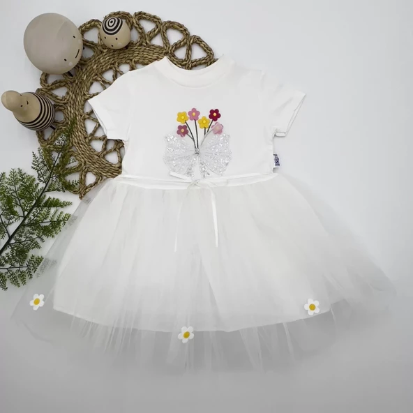 Tül Fiyonk Çiçekler Nakışlı Astarlı Kız Bebek Tütü Elbisesi Beyaz - 2