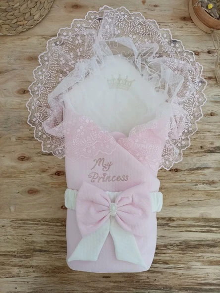 Bal Peteği My Princess Taç Nakış İnci Fiyonklu Dantel Duvaklı Delüks Kundak Bebek Battaniyesi Pembe - 2