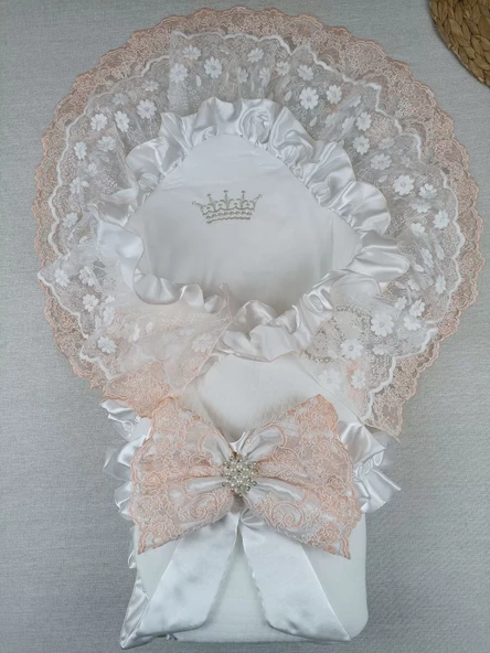 Yenidoğan Bal Peteği Taç Nakışlı Lüks Kundak Bebek Battaniyesi Ekru