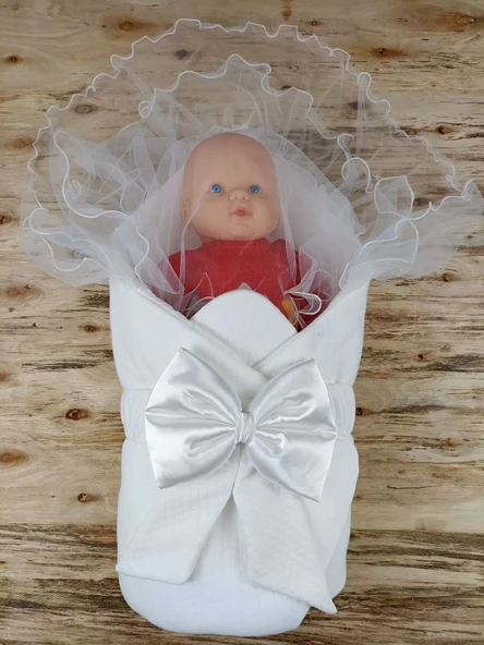 Yenidoğan Bal Peteği Taç Nakışlı Kundaklı Trilüks 3lü Alt Açma Seti Ekru - Resim 13