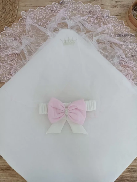 Bal Peteği My Princess Taç Nakış İnci Fiyonklu Dantel Duvaklı Delüks Kundak Bebek Battaniyesi Pembe - 5