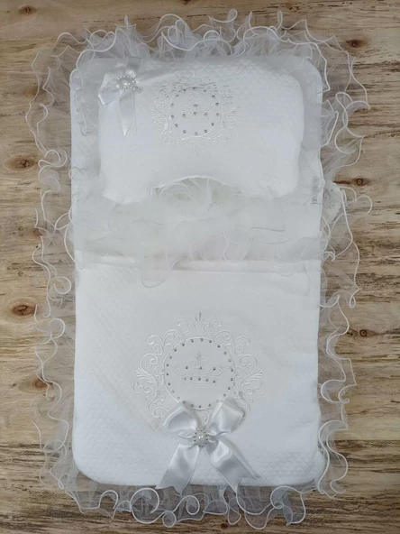 Yenidoğan Bal Peteği Taç Nakışlı Kundaklı Trilüks 3lü Alt Açma Seti Ekru - Resim 4