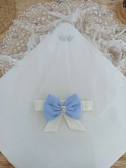 Bal Peteği My Prince Taç Nakışlı İnci Fiyonklu Dantel Duvaklı Delüks Kundak Bebek Battaniyesi Mavi - 6