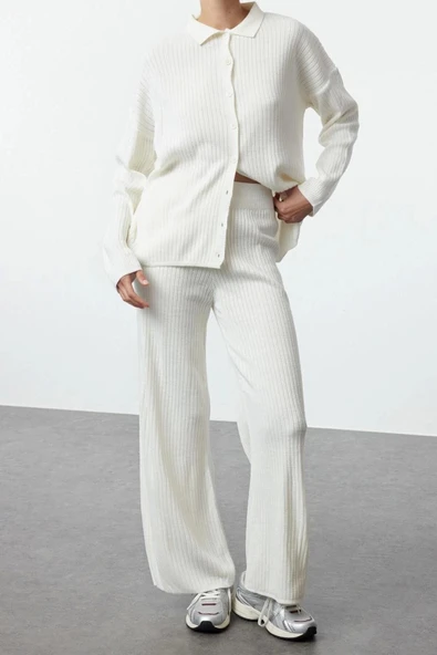 Tarz Kadın Modern Moda Normal Bel Boru Paça Polo Yaka Basic Polo Yaka Triko Alt-Üst Takım - 5