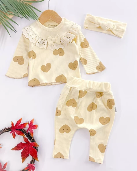 Kalp Baskılı Fisto Yaka 3 Parça Kız Bebek Takımı %100 Pamuk - Resim 2