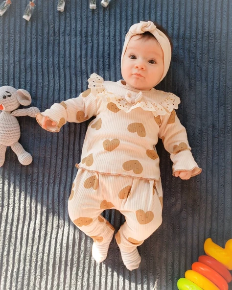 Kalp Baskılı Fisto Yaka 3 Parça Kız Bebek Takımı %100 Pamuk - Resim 6