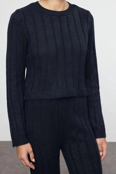 Tarz Kadın Modern Moda Normal Bel Boru Paça Bisiklet Yaka Crop Kazak-Pantolon Triko Alt-Üst Takım