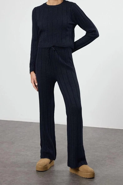 Tarz Kadın Modern Moda Normal Bel Boru Paça Bisiklet Yaka Crop Kazak-Pantolon Triko Alt-Üst Takım - 5