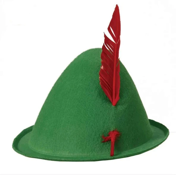 Yeşil Renk Kırmızı Tüylü Peter Pan Şapkası Robin Hood Şapkası 24x23 Cm
