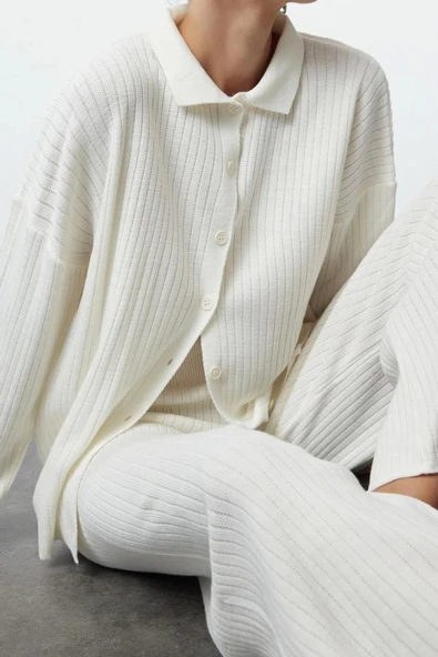Tarz Kadın Modern Moda Normal Bel Boru Paça Polo Yaka Basic Polo Yaka Triko Alt-Üst Takım - 2