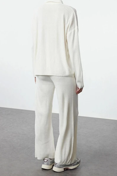 Tarz Kadın Modern Moda Normal Bel Boru Paça Polo Yaka Basic Polo Yaka Triko Alt-Üst Takım - 3