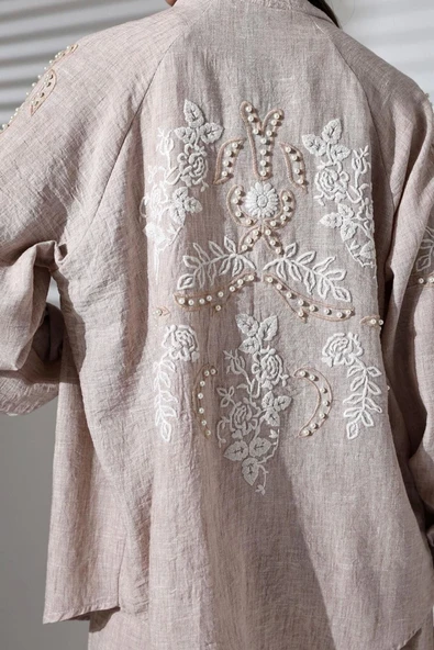Tarz Kadın Modern Moda Normal Bel Boru Paça Gömlek Yaka Nakışlı Kimono-Pantolon Dokuma Alt-Üst Takım - 4