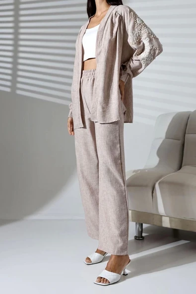 Tarz Kadın Modern Moda Normal Bel Boru Paça Gömlek Yaka Nakışlı Kimono-Pantolon Dokuma Alt-Üst Takım - 6
