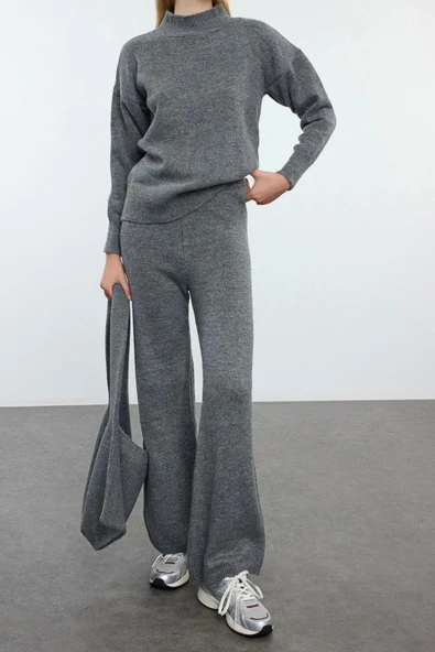 Tarz Kadın Modern Moda Normal Bel Boru Paça Balıkçı Yaka Çanta Detaylı Triko Alt-Üst Takım - 5