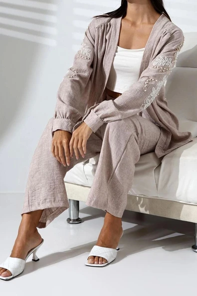 Tarz Kadın Modern Moda Normal Bel Boru Paça Gömlek Yaka Nakışlı Kimono-Pantolon Dokuma Alt-Üst Takım - 2