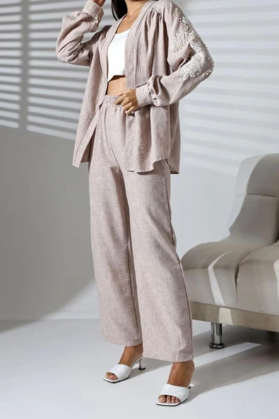 Tarz Kadın Modern Moda Normal Bel Boru Paça Gömlek Yaka Nakışlı Kimono-Pantolon Dokuma Alt-Üst Takım - 3