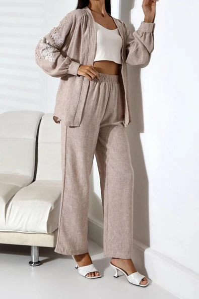 Tarz Kadın Modern Moda Normal Bel Boru Paça Gömlek Yaka Nakışlı Kimono-Pantolon Dokuma Alt-Üst Takım - 5