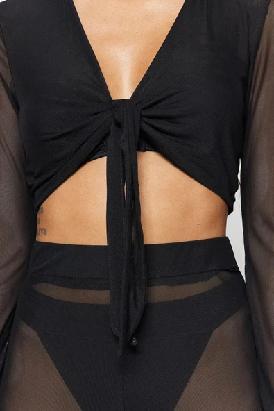Moda Dokuma Geometrik V Yaka Plaj Siyah Örme Bağlamalı Mesh Bluz Pantolon Takım - 5